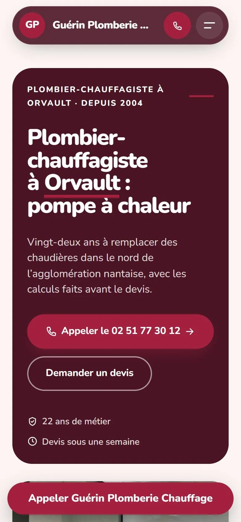 Aperçu du site de Guérin Plomberie Chauffage sur téléphone