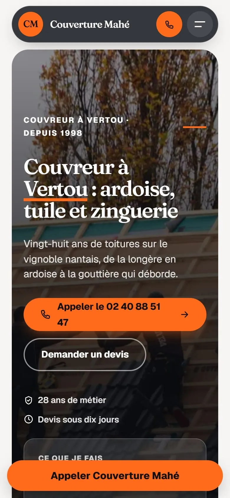 Aperçu du site de Couverture Mahé sur téléphone