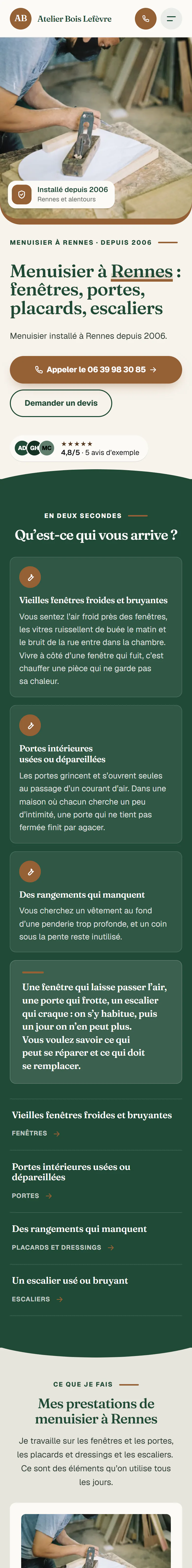 Site de démonstration de Atelier Bois Lefèvre, page entière, sur téléphone