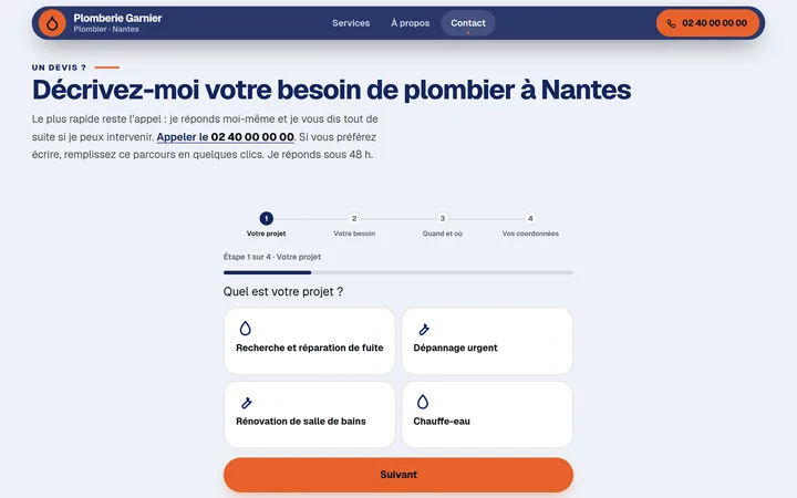 Formulaire de devis sur un site de démonstration (entreprise fictive), vu sur ordinateur