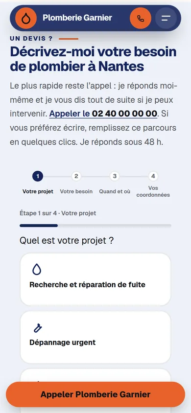 Formulaire de devis sur un site de démonstration (entreprise fictive), vu sur téléphone